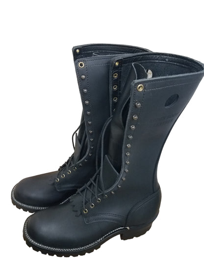 Handmade 14" Black leather wildland firefighter boots, vibram 100 lug sole. ABE BOOTS