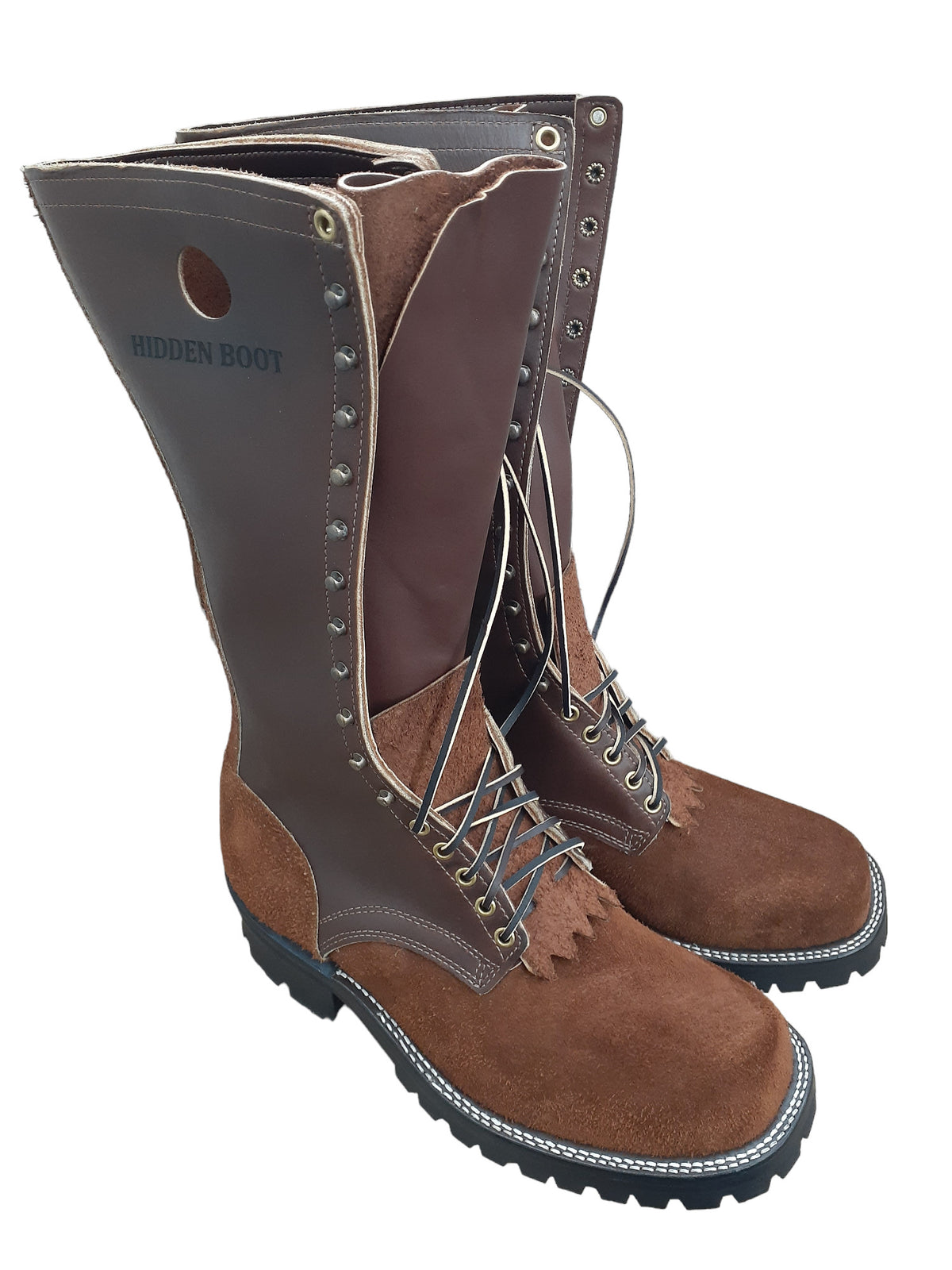 PNW 14" brown leather work boots, also used as logger/firefighter boots, ABE BOOTS