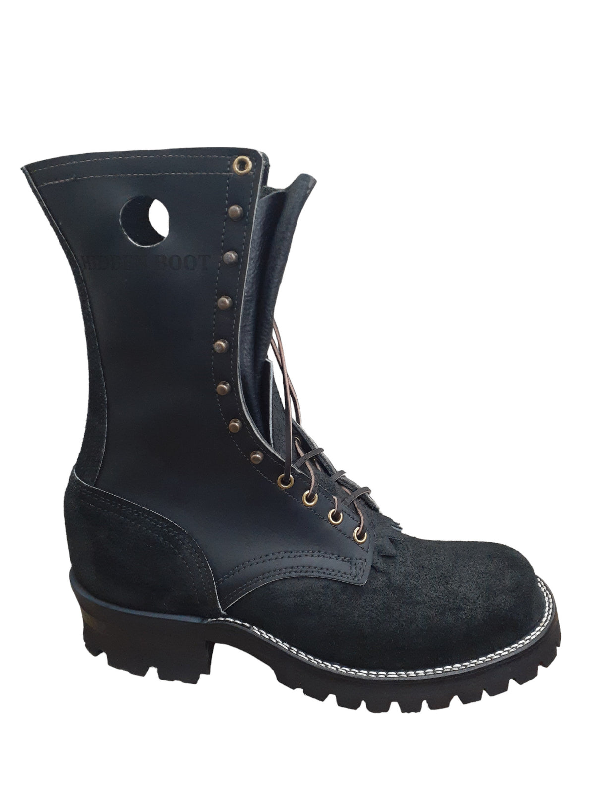 Black handmade leather logger boot built in Idaho by ABE BOOTS
