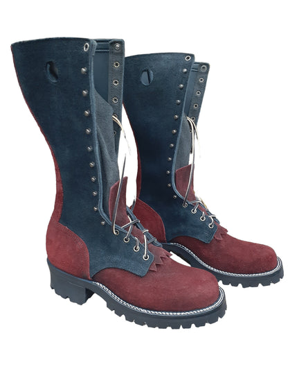 Handmade 14" Bison black cherry & black leather Firefighter boots, side view, ABE BOOTS